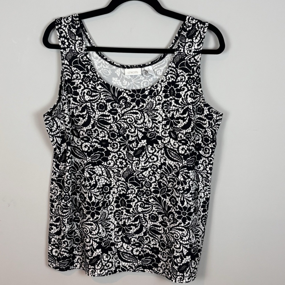Chicos black White Floral Stretch Sleeveless Top Women's SZ 3 (XL) workwear